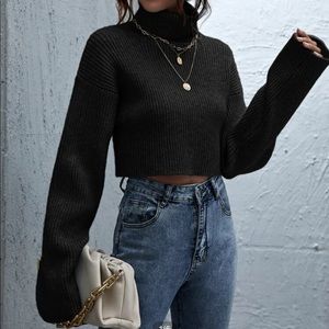 Rolled neck shoulder crop sweater